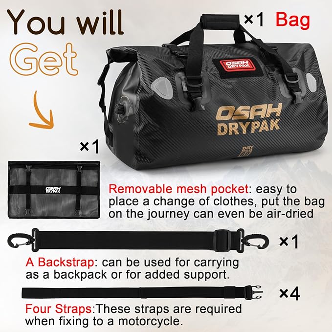 OSAH DRYPAK Waterproof Duffel Bag - Motorcycle Dry Bag Tail Bag with Large Storage Space, Waterproof Luggage Duffle Bags with Outer Mesh Zipper Pocket for Camping, Kayaking, Fishing & Traveling