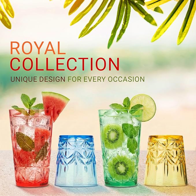 Bravario Royal Plastic Drinking Glasses, 13 and 18 oz Set of 12, Plastic Cups Reusable Dishwasher Safe, Premium Juice & Water Tumblers for Home Kitchen Pool Party, BPA-Free Durable Mixed Colors Gift