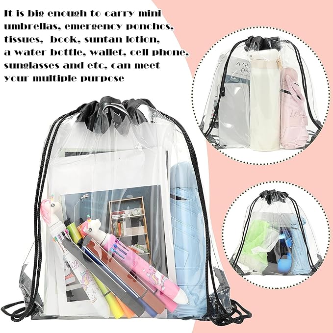 Shappy 30 Pcs Clear Drawstring Backpack, Plastic Waterproof Transparent Stadium Bags String Bag for Gym Travel (Black)
