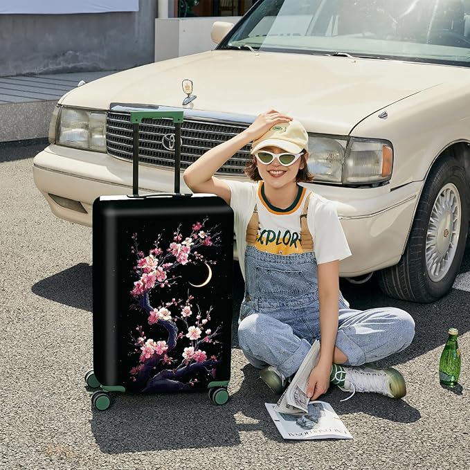 ANNA QUEEN Cherry Blossom & Moon Luggage Cover-Stretchable, Water Resistant & Durable Suitcase Protector,Universal Washable Fit for 24-26 Inch Checked Baggage