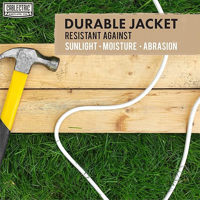 20 Foot Outdoor Extension Cord - 16/3 SJTW White 16 Gauge Electrical Cable with 3 Prong Grounded Plug
