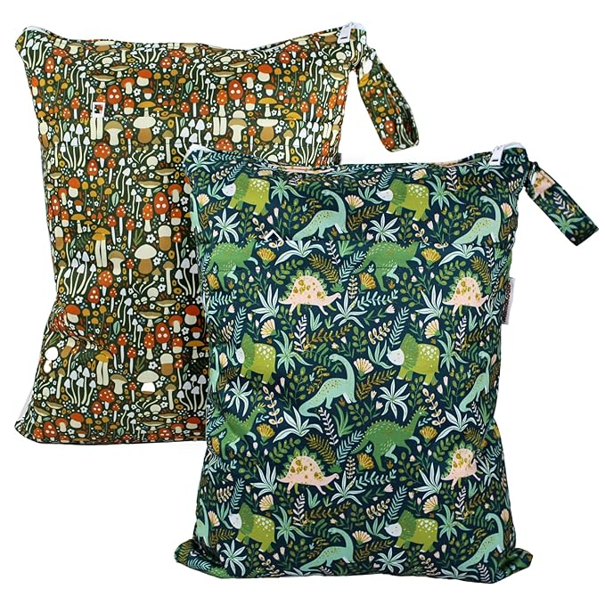 Mama Koala Wet Dry Bags, Portable Washable Reusable Baby Cloth Diapers Bags, 2pcs Medium Size for Travel Beach Laundry Pool Gym Yoga (WB-Forest)