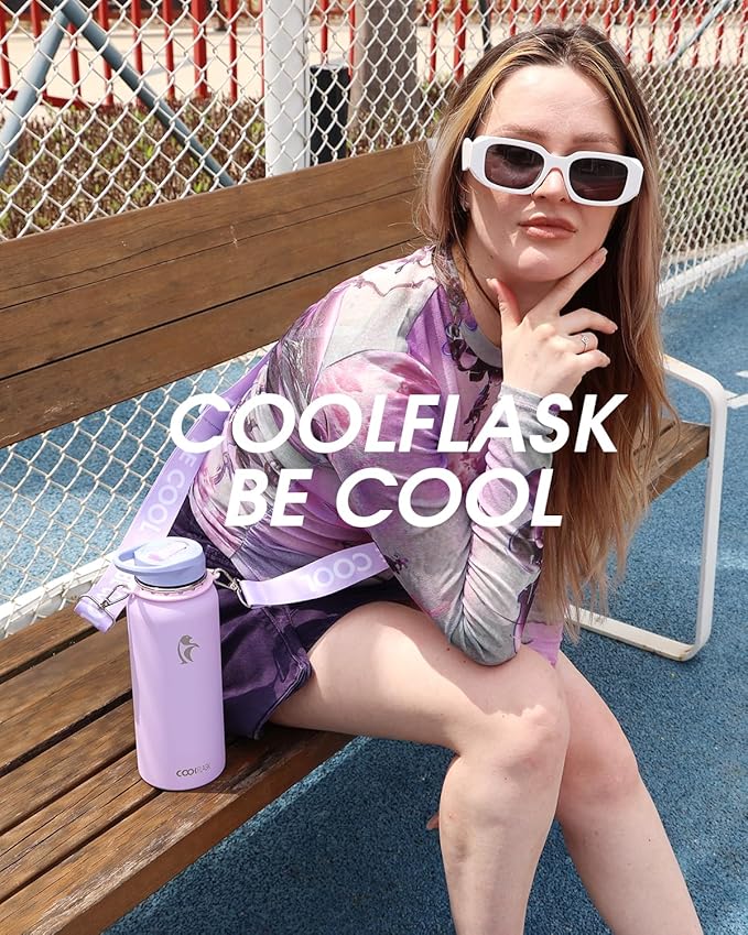 Coolflask Water Bottle with Straw, 32 oz Insulated Metal Water Flask with Straw & Spout Lids, Stainless Steel Double Wall Vacuum, Keep Cold 48h Hot 24h, Leak Proof & Non-BPA, Lavender