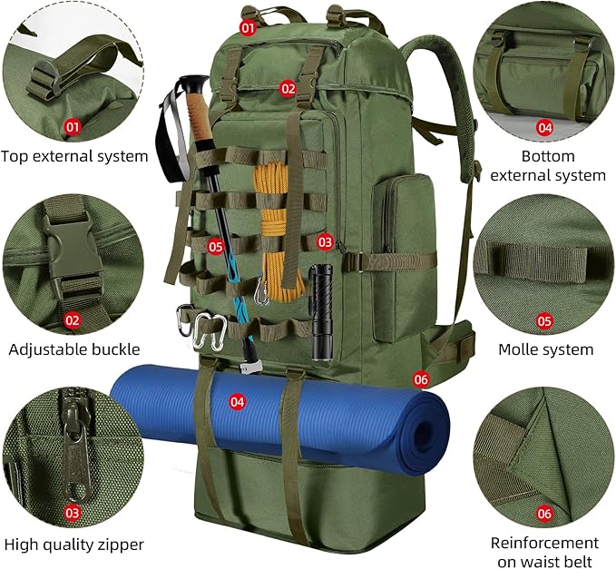 70L/100L Camping Hiking Backpack with Rain Cover, Expandable Large Military Tactical Backpack, Waterproof Molle Racksack Travel Backpacking Daypack for Climbing Trekking (Green)