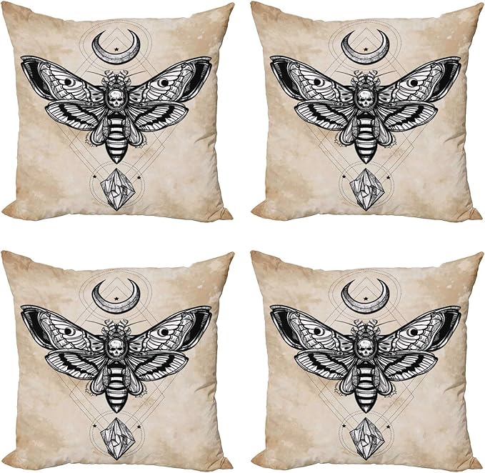 Ambesonne Fantasy Throw Pillow Cushion Case Pack of 4, Dead Head Hawk Moth Luna and Stone Magic Skull Illustration, Modern Accent Double-Sided Digital Printing, 18", Black Beige