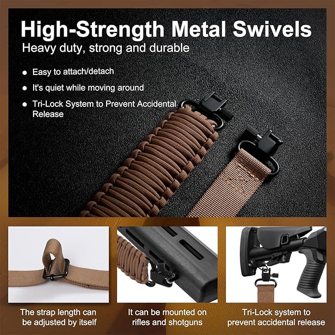 VVAAGG Two-Point Paracord Rifle Sling with Swivels, Non-Slip Gun Sling with Adjustable Length Strap