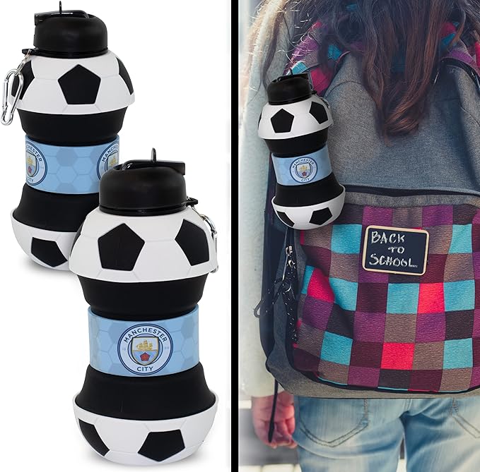 Maccabi ART Manchester City Clip-On Collapsible 1 Liter, 34 oz. size BPA-Free Silicone Soccer Large Water Bottle
