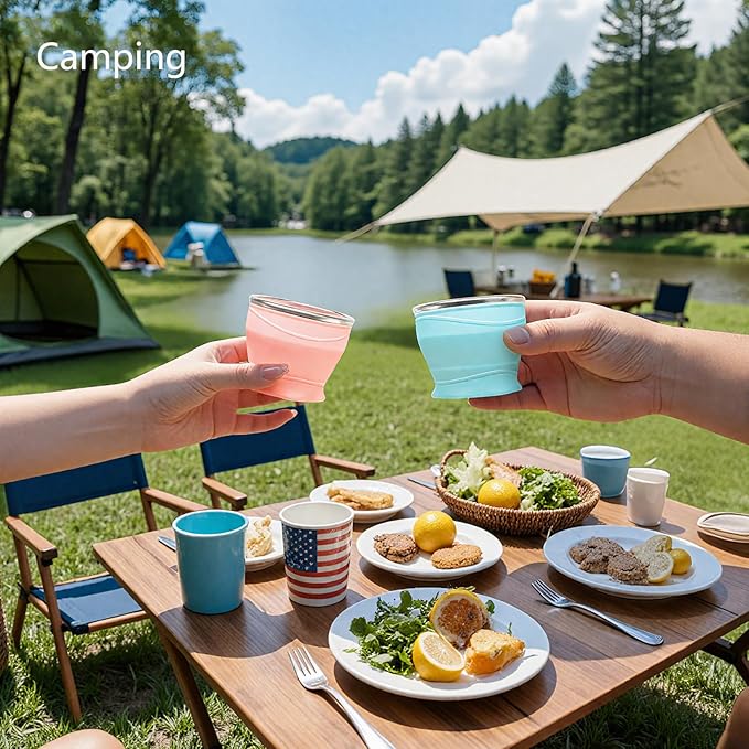 Collapsible Travel Cup with Lid (6oz/180ml) - BPA Free Silicone Folding Cup with Stainless Steel Rim - Portable Pocket Cup for Mouthwash, Pills, Hiking, Camping & Kids(Gulf Blue)