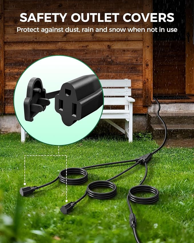 28 Ft Outdoor Extension Cord, 1 to 3 Splitter Heavy Duty Weatherproof Power Cord, 16/3 SJTW, 3 Grounded Outlets Flat Plug for Patio, Garden Displays, Lights, Black ﻿