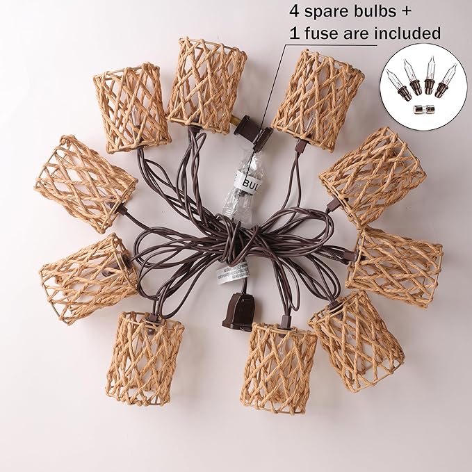 Decorative String Lights Plug in with 10 Incandescent Bulbs, Handwoven Rattan Cylinder-shaped Boho Lantern String Lights Connectable Weatherproof Outdoor Indoor for Bedroom Patio Pergola Decor (Beige)