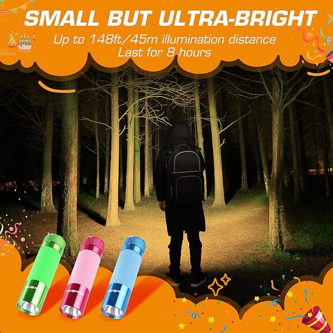 EverBrite 3-Pack Mini Flashlights, Glow in Dark Flashlights, Aluminum LED Flashlights Outdoor Favors Assorted Colors for Camping, Hiking, Indoor, 9XAAA Batteries Included