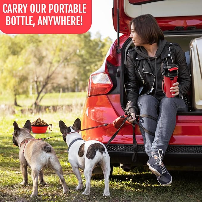 Dog Travel Water Bottle W/Collapsible Bowls - Portable 2 in 1 Leakproof Pet Water Bottle Food Container Ideal for Travel, Outdoor Portable Water Bowls for Walking, Camping & Hiking - (Red)