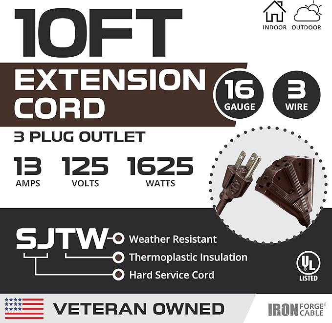 Iron Forge Cable 10ft Brown Outdoor Extension Cord with 3 Outlets - 16/3 SJTW 10ft Extension Cord 3 Prong, 13 Amp All-Weather Heavy Duty Power Cable