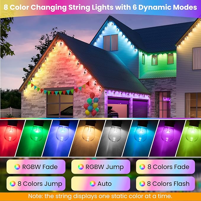 Larkvue 96FT(2X48FT) RGBW Outdoor String Lights with Remote, Patio Lights with 30+3 Vintage S14 Dimmable Waterproof Bulbs for Xmas Bistro Cafe Outside