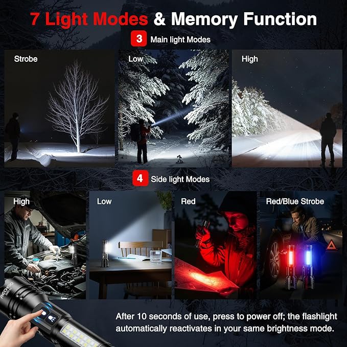 RECHOO Rechargeable Flashlights High Lumens 2 Pack, 7 Modes Dual-Switch Zoomable LED Flashlight with LCD Display, Super Bright Handheld Flashlights for Home, Camping, Emergency & Gifts for Men