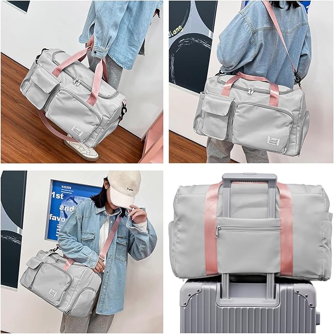 Suruid Travel Duffel Bag with Shoes Compartment Sports Gym Bag with Dry Wet Separated Pocket for Men and Women, Overnight Bag Weekender Bag Training Handbag Yoga Bag - Gray Pink