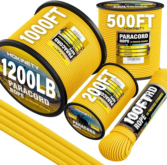 1200 Paracord Rope - 4.4mm 14 Strand Nylon Parachute Spool para Cord Lanyard for Outdoor Camping Survival Utility Tent Crafting DIY Projects Fishing Clothsline Bracelet - Yellow100FT