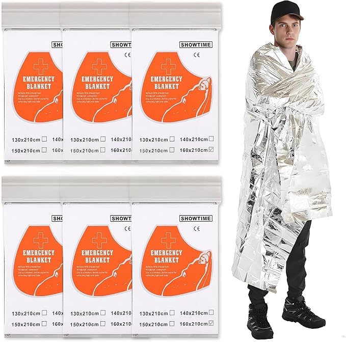 6 Pack Emergency Thermal Blankets for Survival, 82.67”x62.99” Extra Large Mylar Space Blankets, Waterproof & Windproof for Outdoor Camping, Hiking, Survival Kit, First Aid, Car Emergency