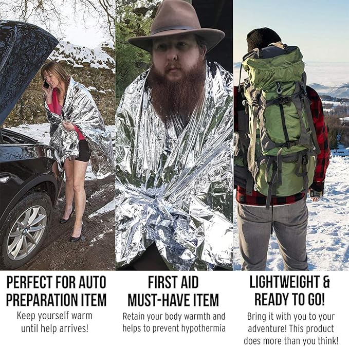 Emergency Mylar Thermal Blankets, Space Blanket Survival kit Camping Blanket, Windproof & Waterproof Shield, High-Visibility Rescue Signal (Pack of 30)