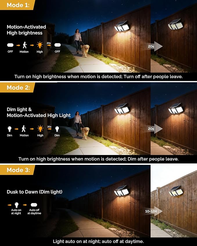 Brightown 2 Pack Solar-Security-Flood-Outdoor-Lights-with-Motion-Sensor, 223 LED 3 Head 270° Angle Street Area Security Lights with Remote, IP65 Waterproof Wall Lights with 3 Modes for Yard Outside