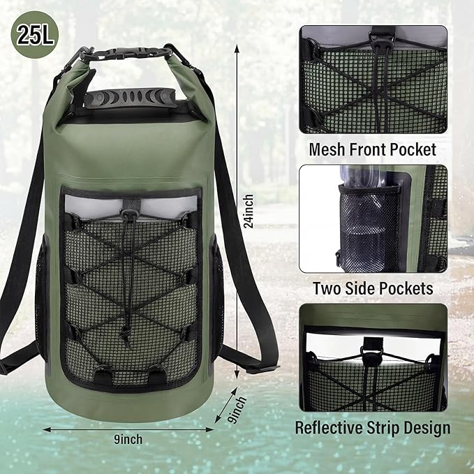 Pimoys Dry Bag, 25L Waterproof Backpack, Roll-Top Dry Bags Kayak, Outdoor Travel Bag for Boating, Kayaking, Camping, Fishing, Hiking, Rafting(Forest Green