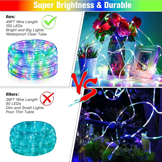 Nazuwke 49Ft LED Rope Lights for Outside, 18 Colors Changing Outdoor Fairy String Lights with Remotes, Waterproof 150 LEDs Colored Rope Lighting Plug in for Bedroom Patio Party Halloween Christmas
