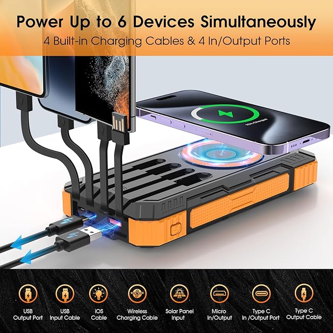 Solar Power Bank,49800mAh Wireless Portable Phone Charger with Built-in 4 Cables,22.5W Fast Charging External Battery Pack PD 3.0 USB-C In/Output for iPhone,iPad,Android,Perfect for Camping, Hiking