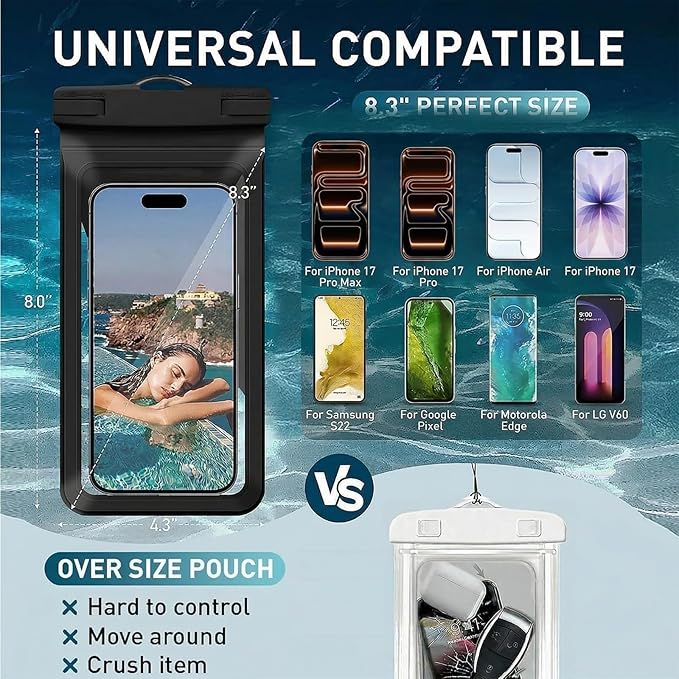 Waterproof Phone Case, with Inside Card Bag, Waterproof Phone Pouch for iPhone, Cell Phone Dry Bag for Cruise Travel Vacation Accessories Large Phone Holder, 2 Pack-Black