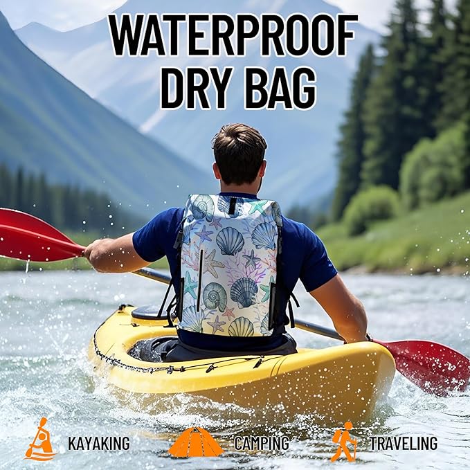 Waterproof Backpack Heavy Duty Marine Dry Bags for Kayaking Hiking Fishing Travel Backpack Roll-Top Closure Bag with Waterproof Phone Case - Sea Shell Coral Nautical Starfish 35L/55L/85L