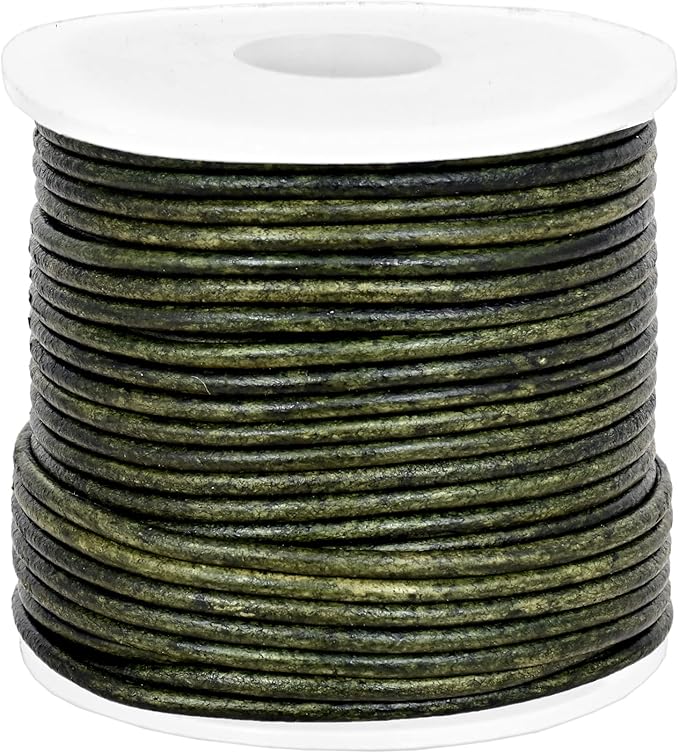 GENIQUE Real/Genuine Round Leather String Cord for Necklace, Bracelets, Jewelry, Kumihimo Braiding, DIY Projects (20 Metres) (1.5mm, Green Distressed)