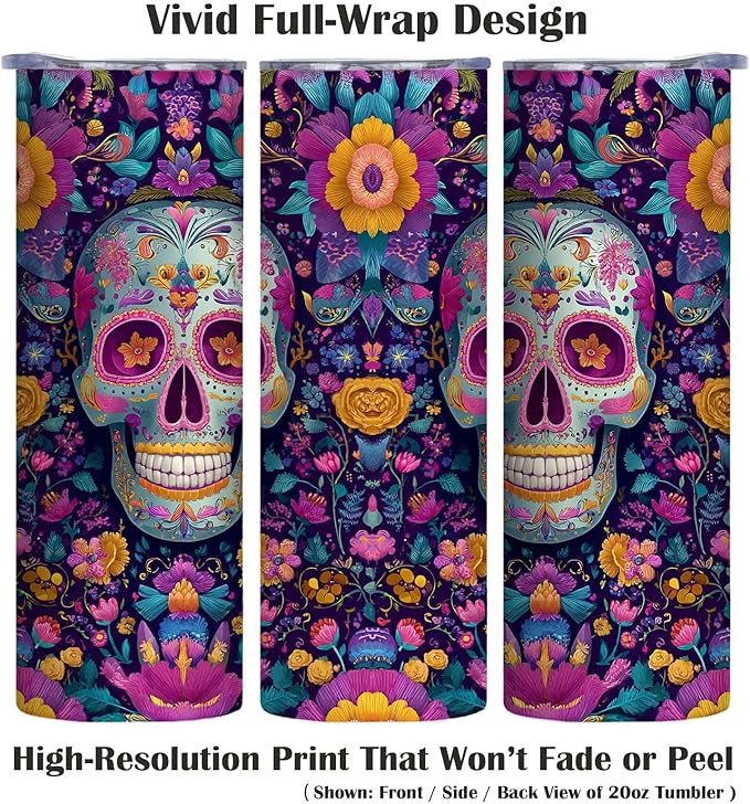 Firmiso 20 oz Tumbler | Skinny Insulated Travel Mug with Leak-proof Lid and Straw | Sugar Skull Floral Stainless Steel Coffee Cup for Hot & Cold Drinks | Day of the Dead Gifts for Women & Men