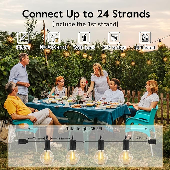Brightown Outdoor String Lights - Waterproof Globe Patio Lights 35 Ft with 30 G40 Shatterproof LED Bulbs, Connectable Commercial Hanging Light for Backyard, Bistro, Porch, Cafe, Deck, Garden