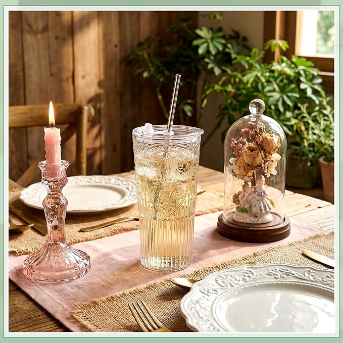 16 Set 20oz Vintage Plastic Tumbler with Lids and Straws Ribbed Floral Drinking Glasses Reusable Iced Coffee Cups for Water Juice Smoothie Cocktail Travel Party Events Gift (Clear)