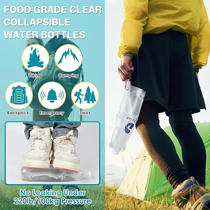 Filter 1L Collapsible Water Bottles with Push Pull Cap, Foldable Travel Water Bottle for Traveling, Hiking, Camping, Backpacking - Lightweight, Reusable, Clear Design