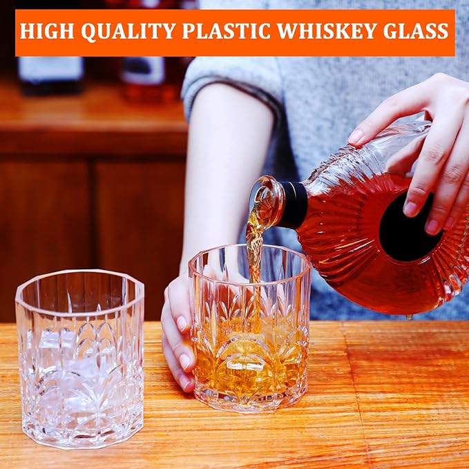 4 Sets Plastic Whiskey Glasses 14 oz Unbreakable Whiskey Drinking Glasses Old Fashioned Cocktail Cups Plastic Water Tumblers Clear Wine Cup Shatterproof Short Tumbler for Indoor Outdoor