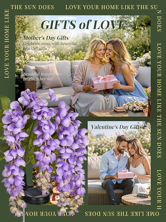 GIGALUMI Solar Lights Outdoor for Garden Decor, 3 Pack Solar Flower Lights Waterproof, 2 Lighting Modes Wisteria for Pathway,Yard, Patio Decoration, Gardening Gifts for Women (Purple)