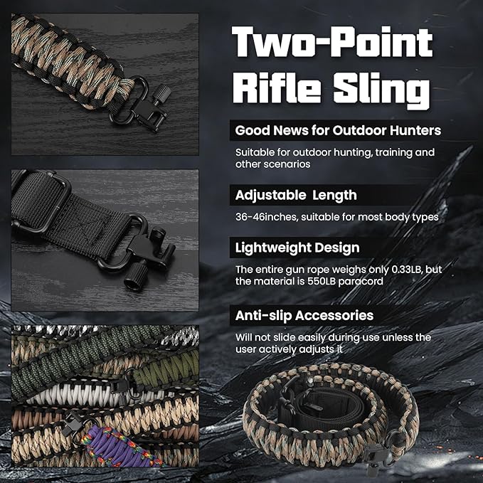 Double Braide 550LB Shotgun Sling 2 Point Paracord Rifle Sling,Non-Slip Traditional Adjustable Gun Sling for Hunting Shooting Camping