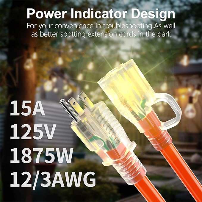 HUANCHAIN 150 ft Outdoor Extension Cord Waterproof 12/3 Gauge Heavy Duty with Lighted end, Flexible Cold-Resistant 3 Prong Electric Cord Outside, 15Amp 1875W 12AWG SJTW, Orange, ETL