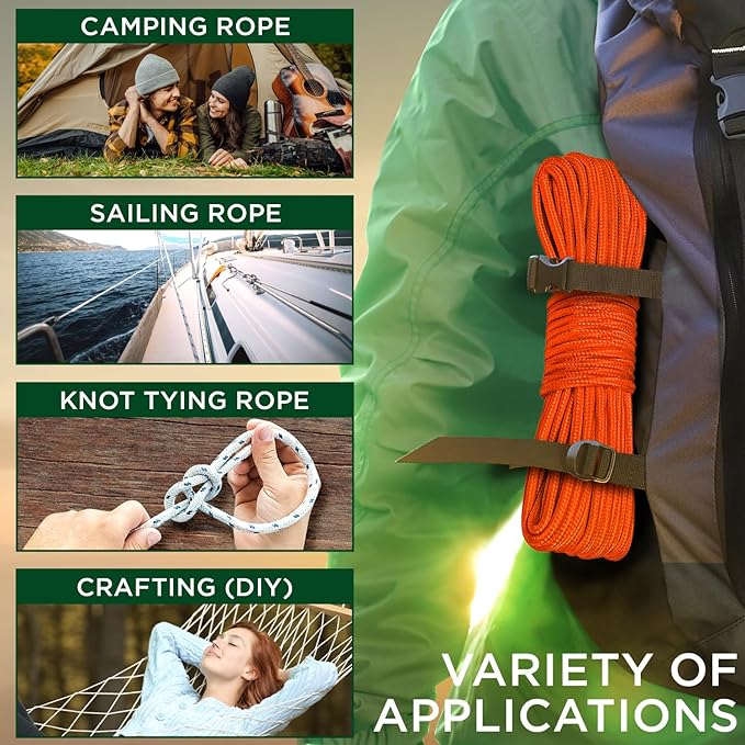 TECEUM Rope – 90 Feet x 3/8 Inch (10mm) – Orange – Strong All-Purpose Utility Rope – Camping, Crafting, Flag Pole, Indoor & Outdoor – Polypropylene Nylon Poly Lightweight Diamond Braided Cord