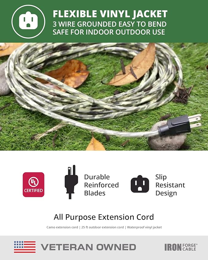 Iron Forge Cable Camo Outdoor Extension Cord 25 ft, 16/3 SJTW 25 Foot Camoflauge Exterior Extension Cord 3 Prong, Weatherproof Heavy Duty Power Cable for Outside, Deck, Landscaping, Lawn & Hunting