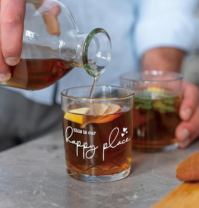 Nogrit This Is Our Happy Place Whiskey Glasses 10 oz, Modern Farmhouse Old Fashioned Rocks Glasses for Men Women Drinking Cocktail Scotch Vodka Tequila Rum
