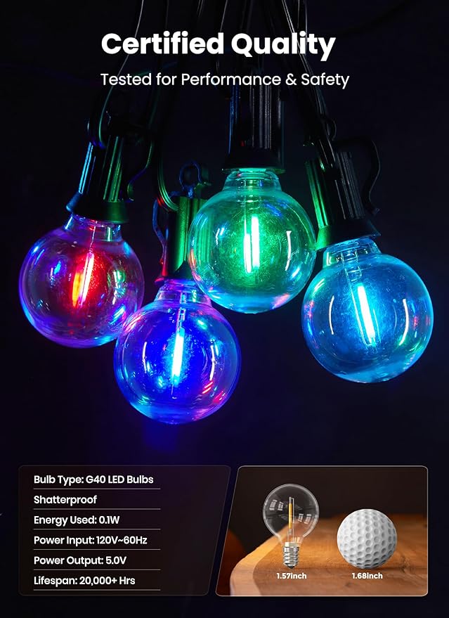 Brightown Outdoor String Lights 58 Feet G40 LED Patio Lights, 27 Plastic Edison Bulbs(2 Spare), Waterproof Connectable Hanging Light for Backyard Porch Balcony Party Decor, E12 Base, Multicolor