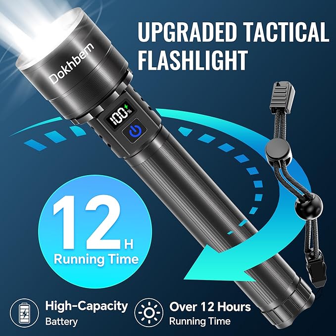 Rechargeable Flashlights 2 Pack, Super Bright LED Long Handle Flashlight with LCD Digital Display, 5 Modes & Zoomable Tactical FlashLights, Large Capacity Battery Powerful Flash Light for home