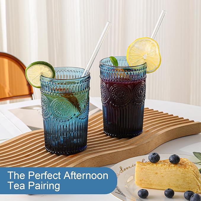 ZMOWIPDL Vintage Glassware Drinking Glasses Set of 6,13 oz Blue Textured Flower Design Glass Water Tumblers，Embossed Striped Drinkware for Water,Cocktails,Juice,Iced Coffee
