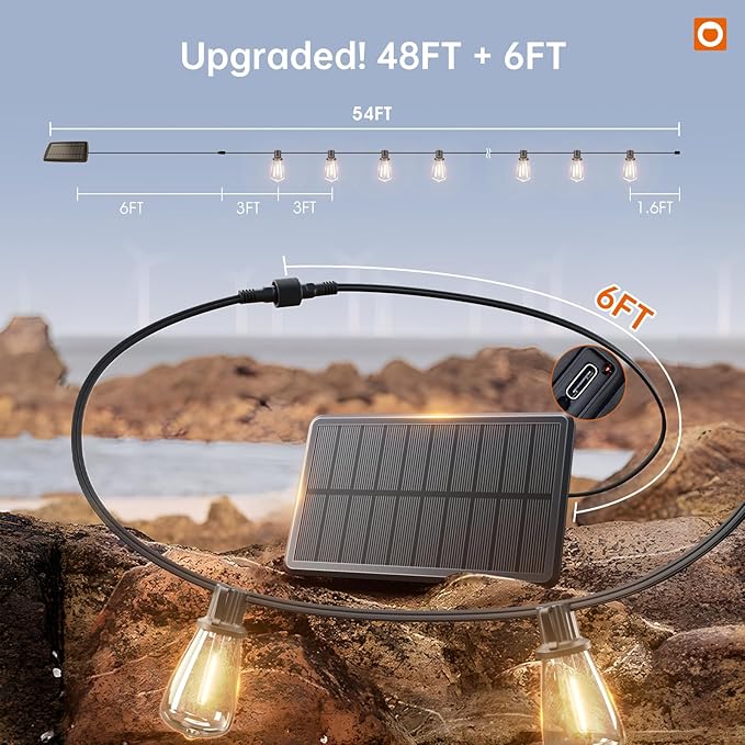 addlon 54FT(48+6) Solar String Lights Outdoor Waterproof with USB Port & Remote Control Dimmable Solar Patio Lights IP65 Solar Powered Edison LED Bulbs for Outside Bistro Camping
