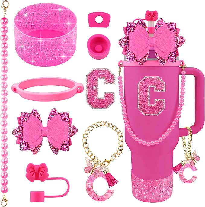 9PCS Hot Pink for Stanley Cup Accessories Set Bling Initials Bow Charms for Stanley Decorations 30/40 Oz Tumbler Accessories Including Bow Straw Topper, Handle Strap, Spill Stopper（Letter C）