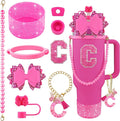 9PCS Hot Pink for Stanley Cup Accessories Set Bling Initials Bow Charms for Stanley Decorations 30/40 Oz Tumbler Accessories Including Bow Straw Topper, Handle Strap, Spill Stopper（Letter C）