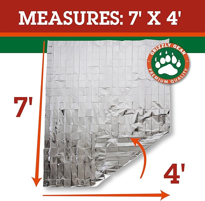 Grizzly Gear Emergency Mylar Thermal Blankets (12 Pack) Survival Kit Camping Space Blanket - Perfect for Hiking, Outdoors, Marathon Runs or First Aid Set- Bug Out Bag Essential - Keep Heat Insulated