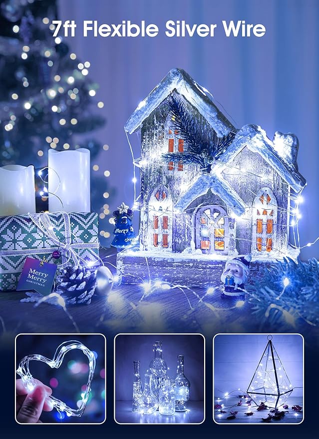 Brightown 24 Pack Fairy Lights Battery Operated - 7Ft 20 Led Mini String Lights Silver Wire Waterproof Firefly Starry DIY Lights for Bedroom Patio Wedding Party Christmas Decor (Pure White)