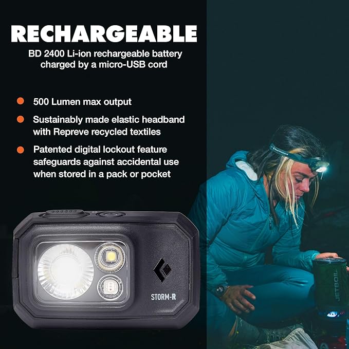 BLACK DIAMOND Storm 500-R Rechargeable Headlamp | 500 Lumens Brightness | Micro-USB Charging | Waterproof & Compact | Camping, Hiking, Running | Black
